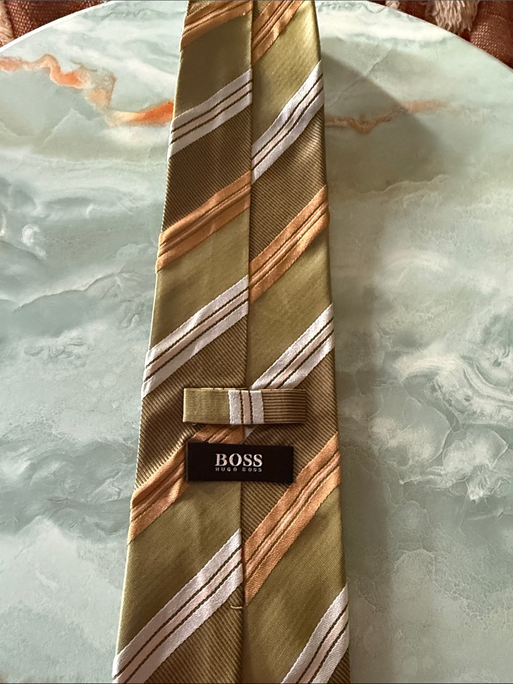 Hugo Boss Olive and Gold Striped Silk Tie